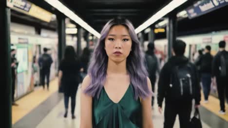 a woman with purple hair confidently walks through a busy subway station. people pass by as she stands out in her stylish outfit, showcasing urban fashion in a lively atmosphere.