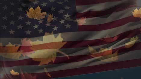 animation of data processing over american flag and leaves falling