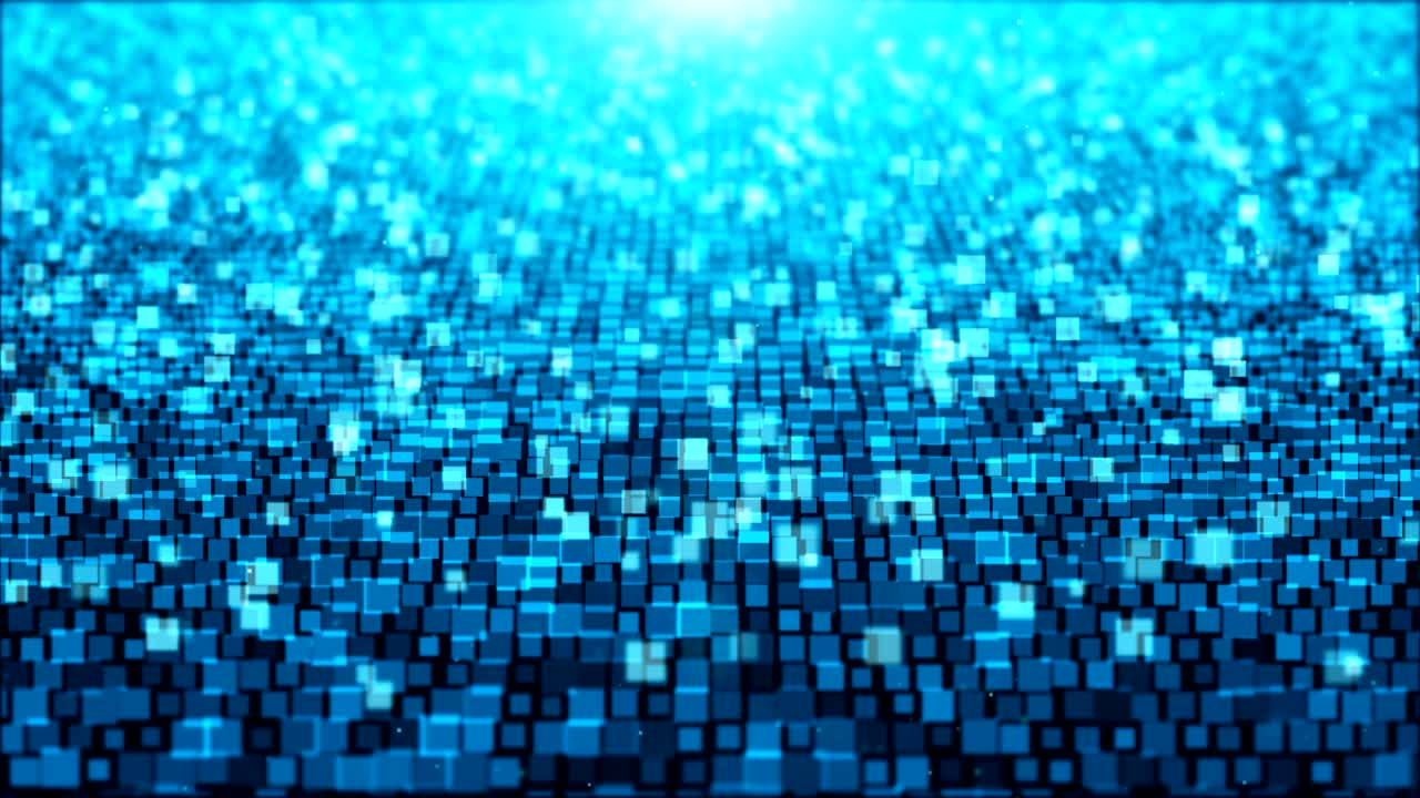 animación, movimiento fondo abstracto con cuadrado azul claro y blanco en movimiento y partículas parpadeantes. telón de fondo de bokeh.