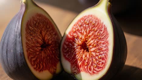 a close-up view of a freshly sliced fig, showcasing its vibrant red interior and unique seed texture against a natural wooden background