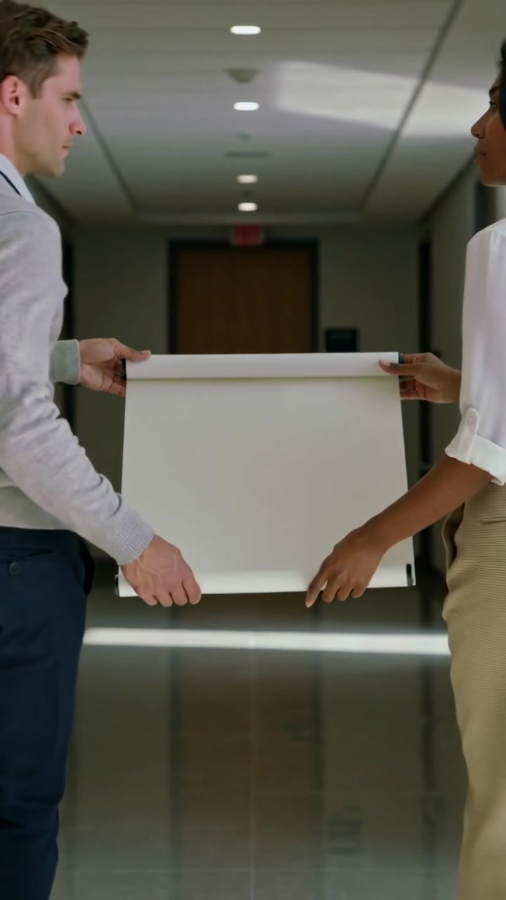 Video verticale: Mani che entrano, personale con maglia grigia e bianca che tiene un rotolo in ufficio, mantenendo il foglio piatto.