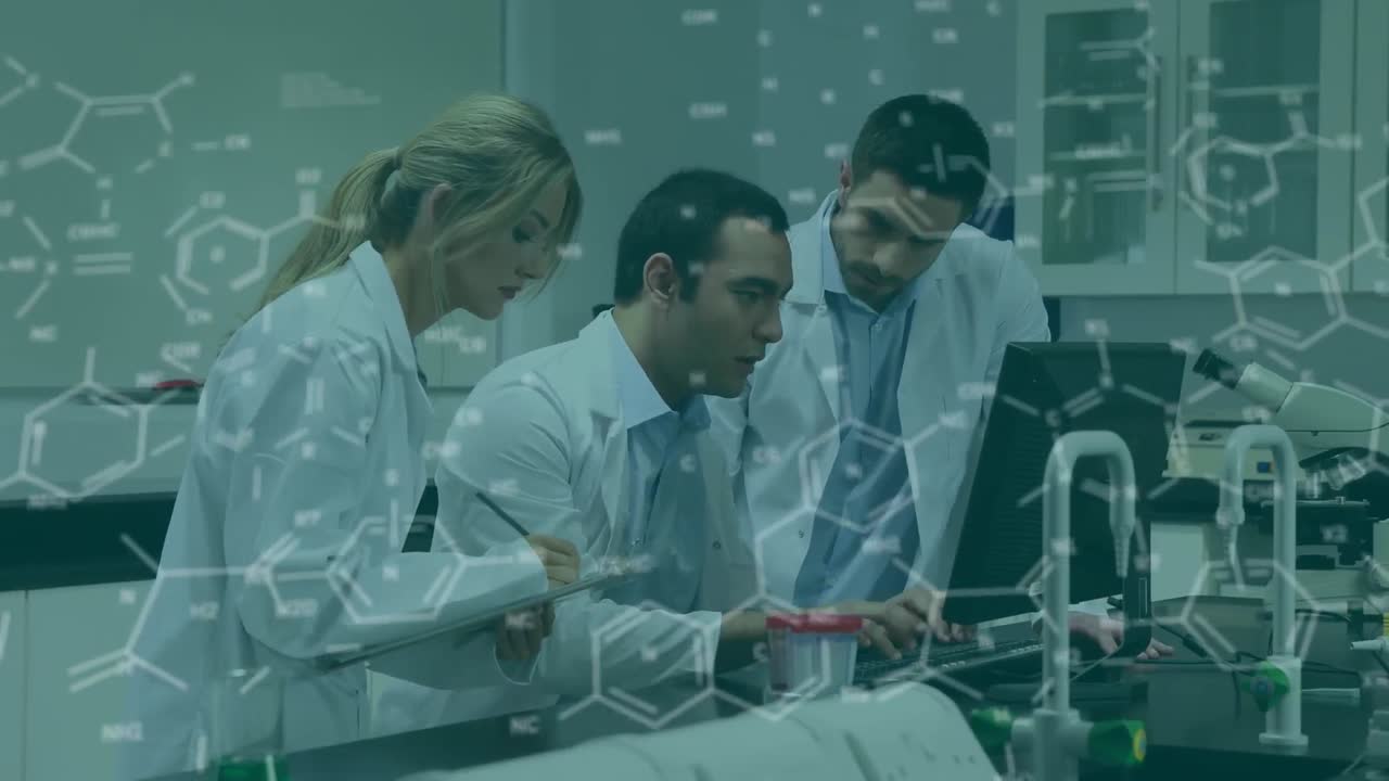 animación de estructuras químicas sobre diversos científicos hombres y mujeres que trabajan en el laboratorio
