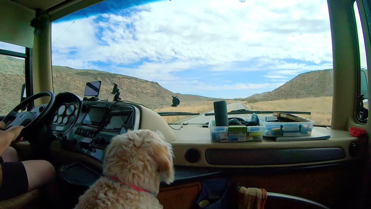punto de vista del pasajero en un vehículo recreativo de clase grande mientras conduce a través de las tierras altas de okanogan del estado central norte de washington con un perro labradoodle en primer plano