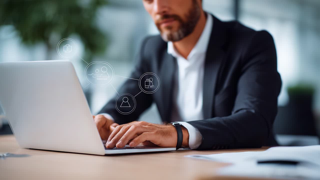 Uomo professionista che digita su un laptop, interagendo con icone digitali che rappresentano networking, comunicazione e produttività in un ambiente ufficio moderno