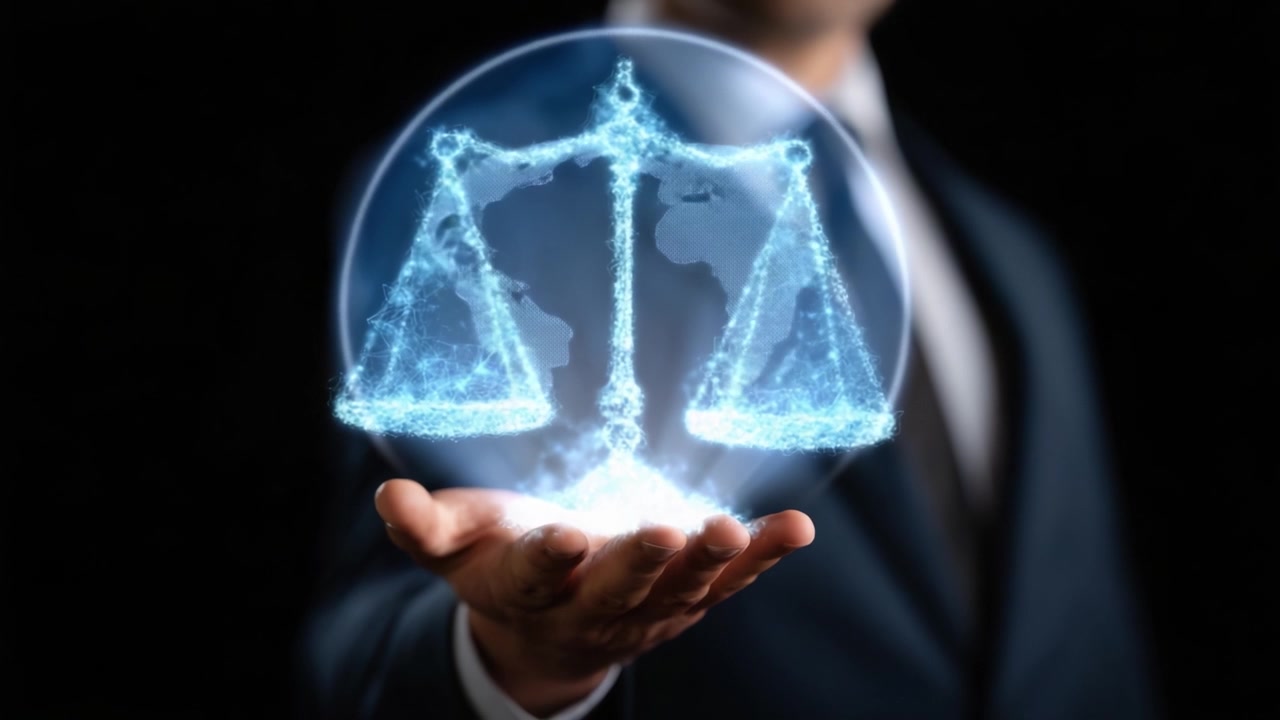 Una persona che tiene una bilancia digitale della giustizia, che simboleggia legge e ordine, in un abito sartoriale professionale su uno sfondo scuro.