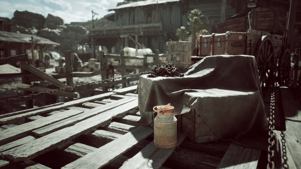 Rustic dockside setting with vintage crate jug and old wagon in the afternoon