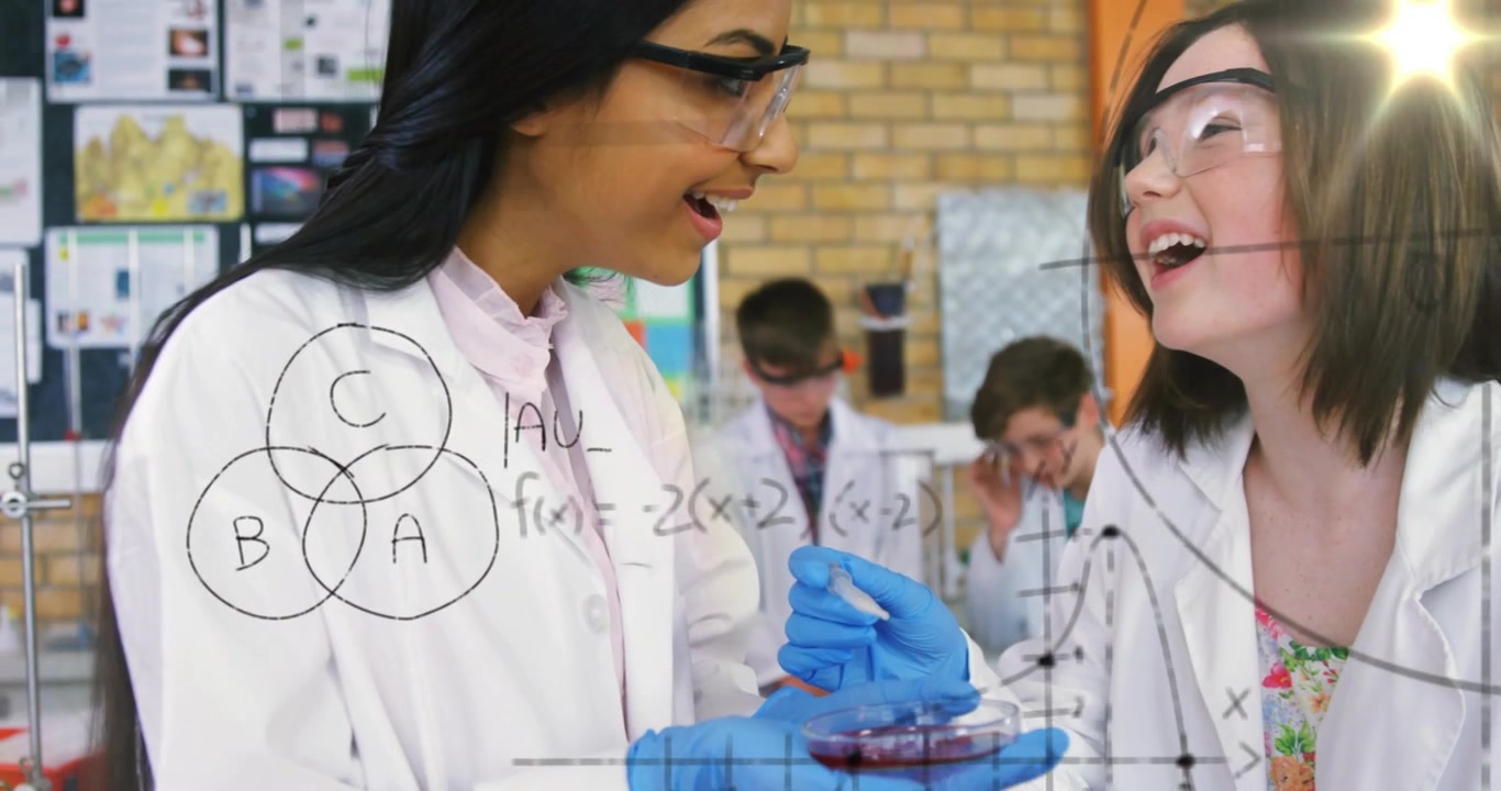 Estudante adicionando gotas com pipeta e criança mexendo mistura em laboratório, com fórmulas animadas e estrela pulsante