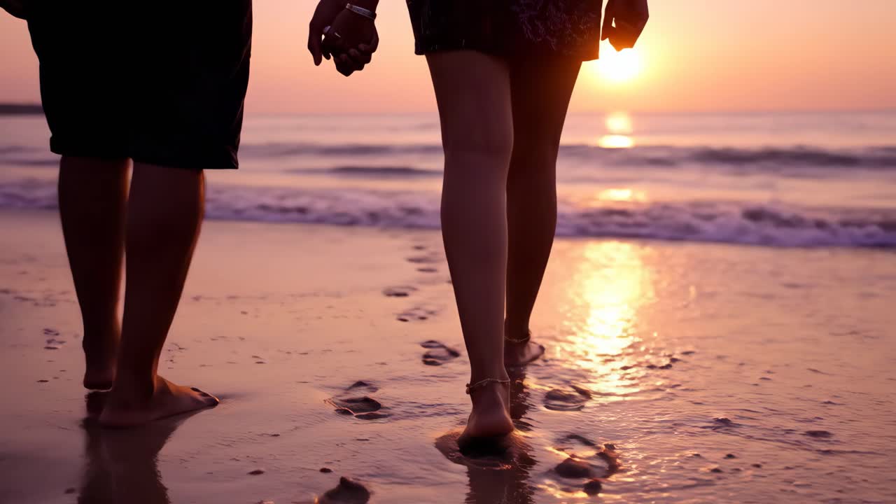 pareja caminando por la playa al atardecer