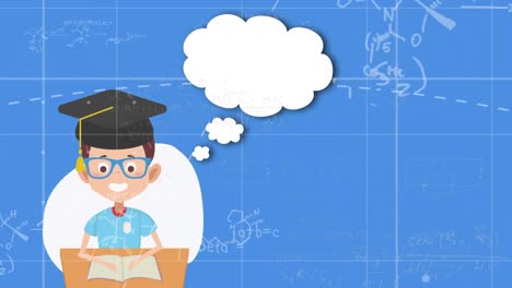icono de niño graduado con burbuja de discurso en blanco contra ecuaciones matemáticas en fondo azul