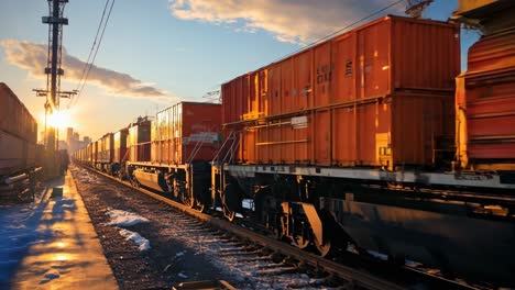 sunset view of a freight train passing through the city outskirts