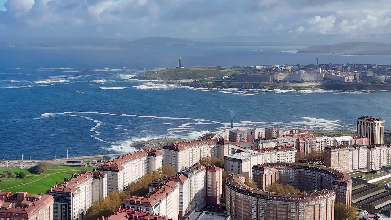 ACoruña city over los Rosales, with the Hercules tower on the backgound. Visual efect with Hictcok style
