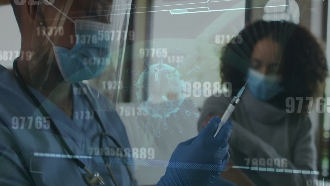 점점 더 많은 수와 바이러스 세포가 다양한 의사와 환자가 얼굴 마스크를 착용하는 애니메이션