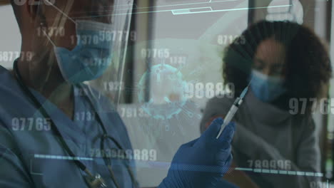 animation of growing numbers and virus cells over diverse doctor and patient wearing face masks