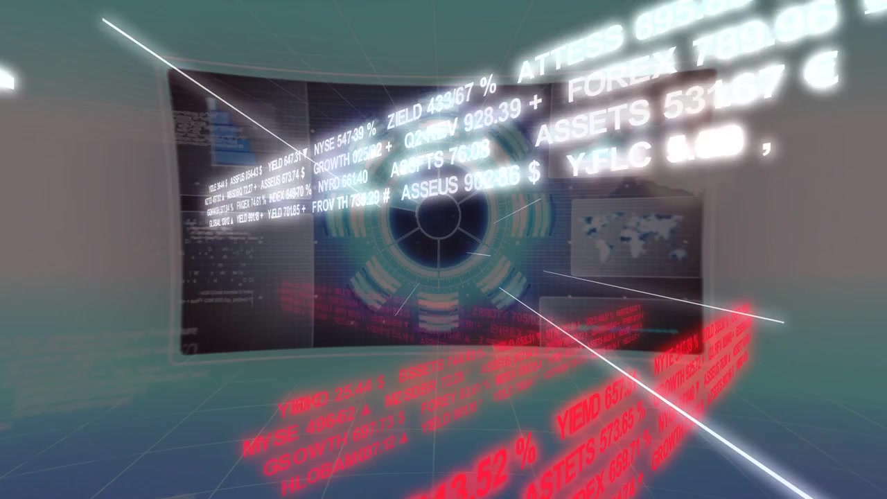 Camera pulling back, holo dashboard revealing circular target while data bands shifting for finance