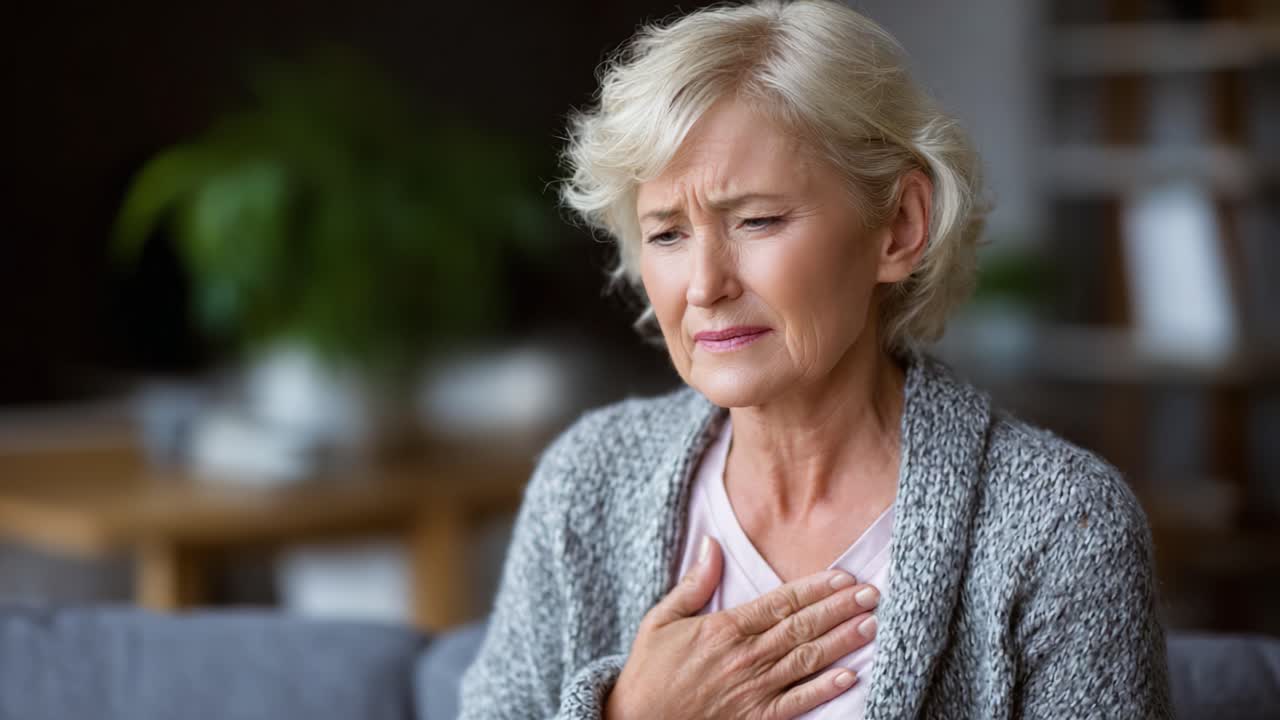En eldre kvinne som opplever ubehag mens hun sitter på en sofa, synlig bekymret for helsen sin med en hånd på brystet som indikerer angst eller ubehag