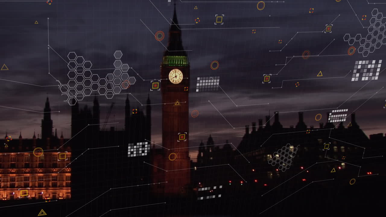 밤에 빅 벤 타워의 공중 전망에 대한 데이터 처리 애니메이션