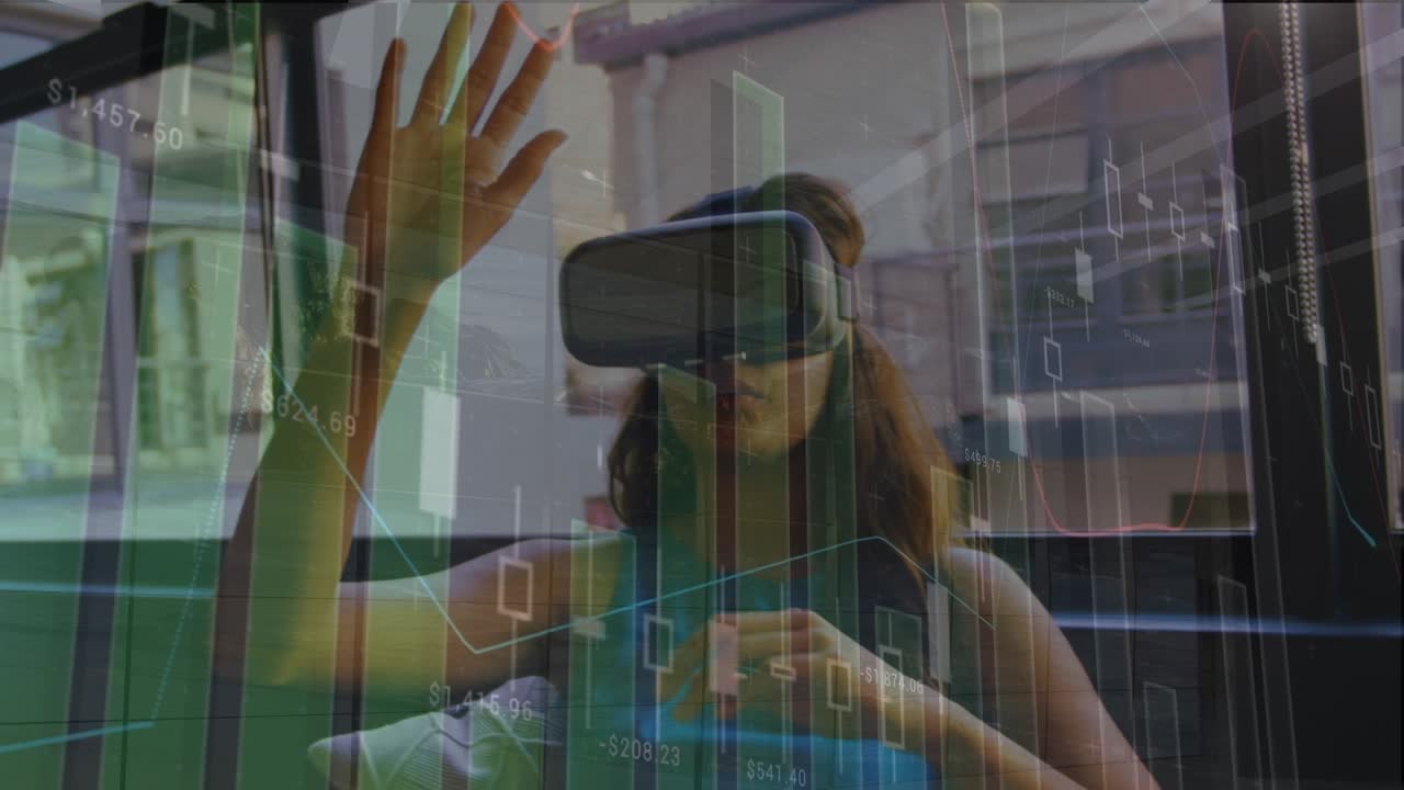 Animation of financial data processing over businessman using vr headset