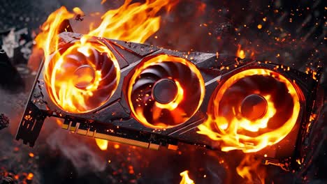 a close up of a video card with flames coming out of it