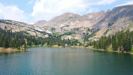 aerial drone descending motion of scenic mountain peak and beautiful clear blue lake water next to pine tree forest in nederland colorado during summer in the rocky mountains