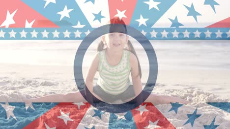 Animation-of-circle-over-national-flag-of-america-against-caucasian-girl-doing-split-on-beach