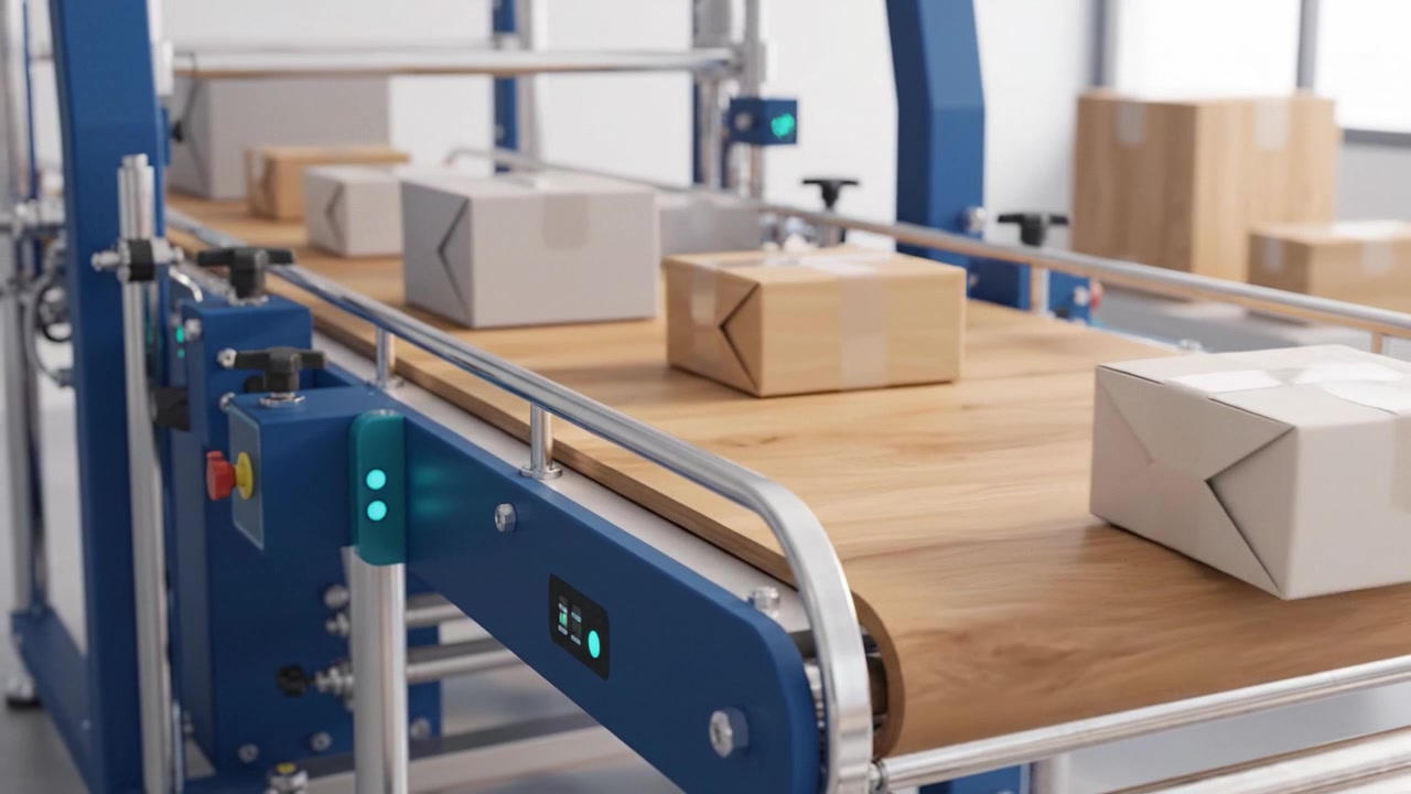 Système de convoyeur automatisé avec des colis sur une table en bois pour des opérations d'entreposage efficaces et un processus logistique rationalisé dans un cadre moderne.
