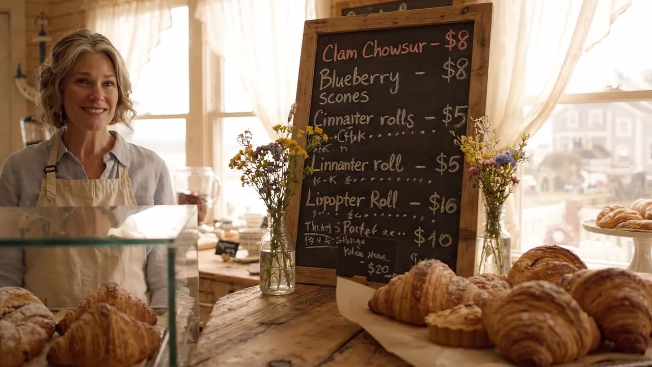 Charmerende bageriudstilling: En imødekommende kvinde står blandt friskbagte varer og en håndskrevet menu fyldt med lækre kager og salte muligheder.