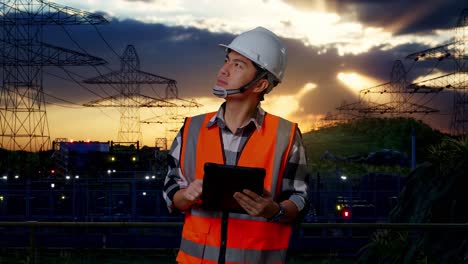 asian male engineer with safety helmet looking at the tablet in his hand and looking around while standing near high voltage tower