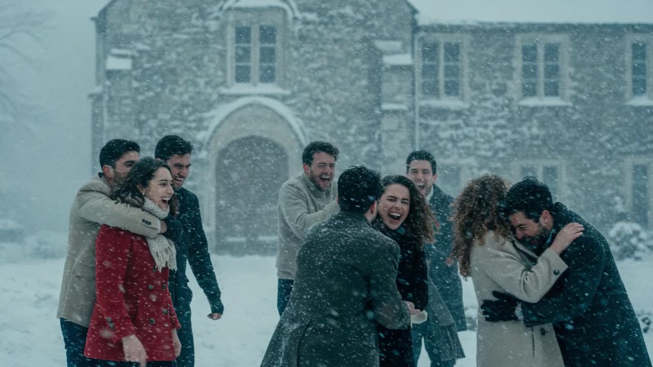 A Joyful Winter Gathering: Friends Celebrate Together in a Snowy Landscape, Sharing Laughter and Warmth Amidst the Winter Chill Near a Historic Stone Building