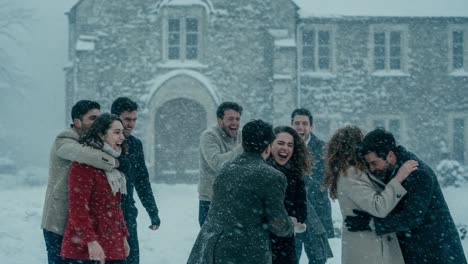 a joyful winter gathering: friends celebrate together in a snowy landscape, sharing laughter and warmth amidst the winter chill near a historic stone building