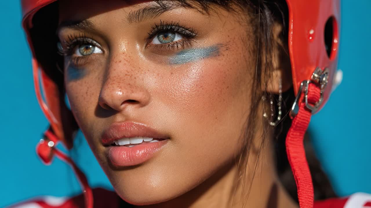Captivating Portrait of an Athlete with Freckles and Helmet, Showcasing Powerful Expressions and Athletic Spirit Against a Bright Blue Background