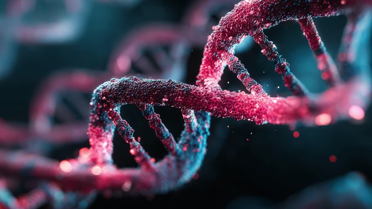 Un primo piano complesso di un'elica di DNA vibrante e tortuosa che mostra una straordinaria struttura molecolare e variazioni di colore, evidenziando la complessità del patrimonio genetico