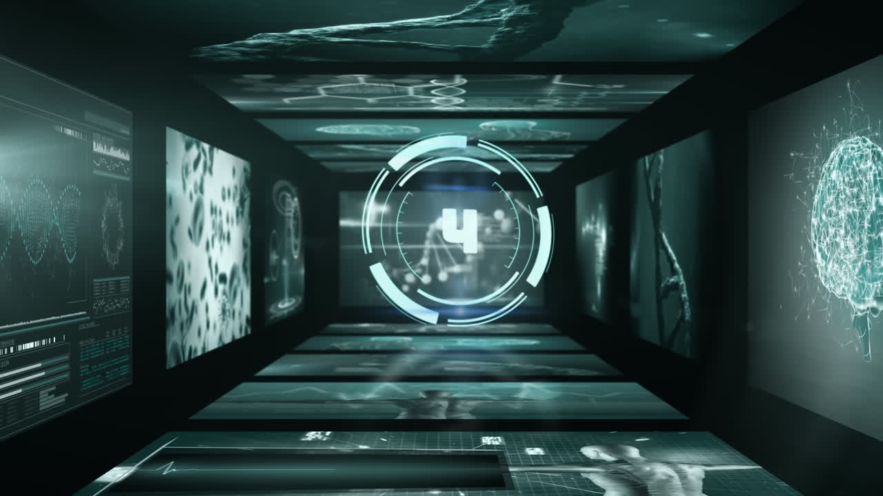 검은 바탕에 여러 의료 인터페이스를 통해 10에서 0까지 카운트다운의 애니메이션