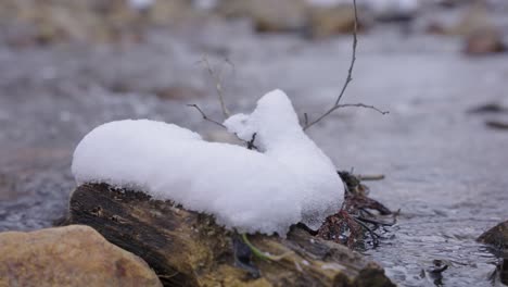Schnee-Auf-Felsen-Inmitten-Eines-Fließenden-Flusses,-Schmelzende-Winterszene