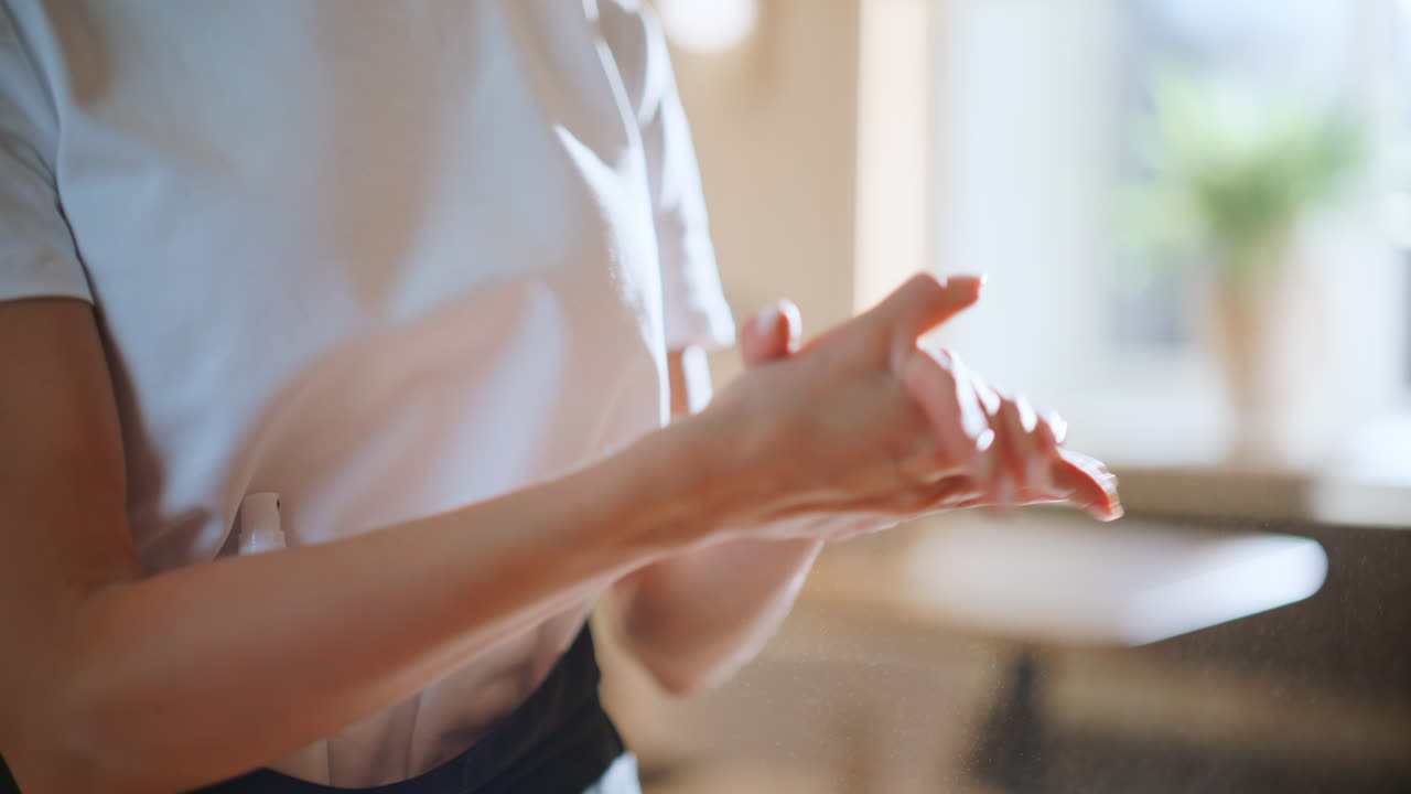 Closeup waitress disinfecting hands applying antibacterial spray at restaurant