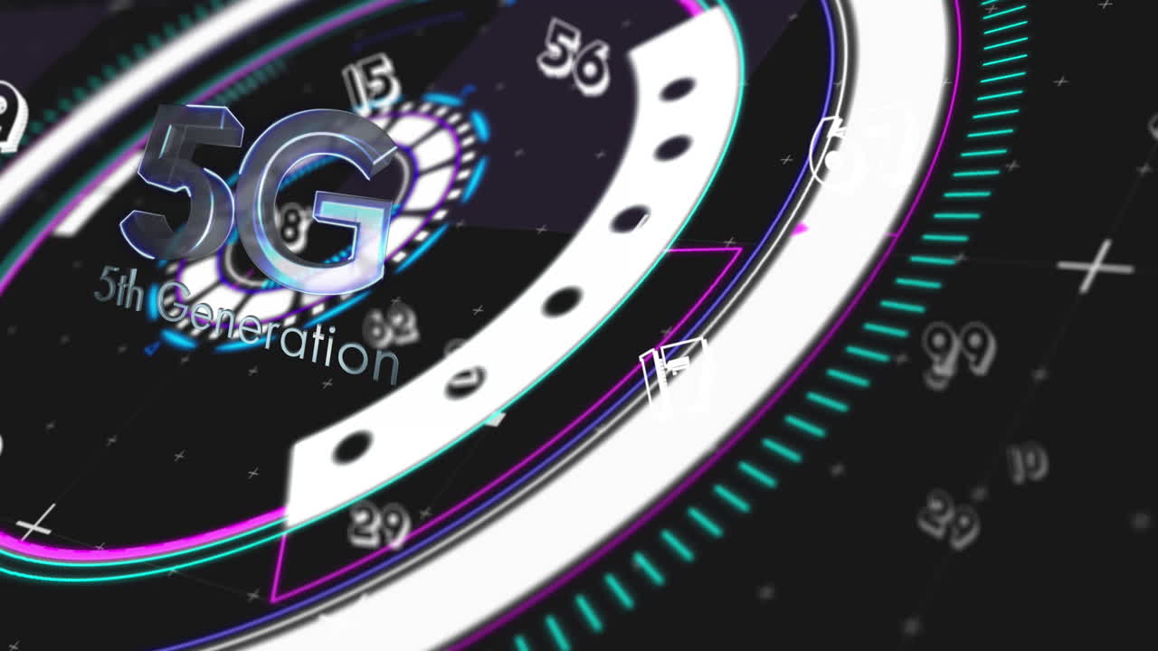 animación de 5g 5a generación y números cambiando sobre el escaneo de alcance en fondo negro