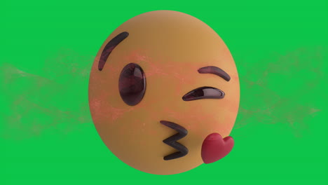 animación digital de onda digital sobre la cara soplando un emoji de beso volador contra un fondo verde