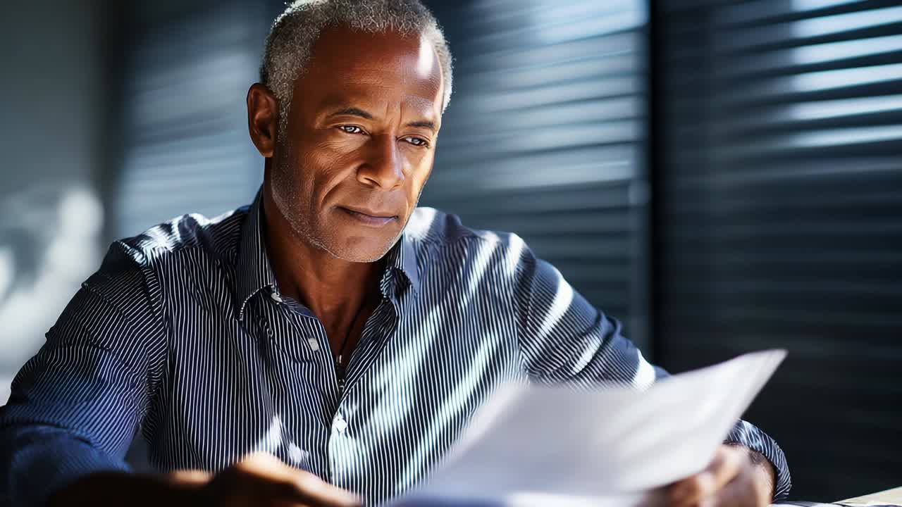 Concentrato e introspettivo: un individuo riflessivo che analizza documenti in una stanza illuminata dal sole, sottolineando la riflessione, la concentrazione e il profondo coinvolgimento con materiale scritto nel tempo