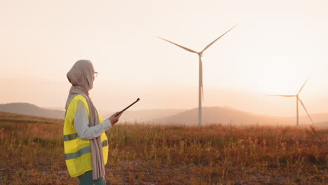 female engineer inspecting wind turbines at sunset