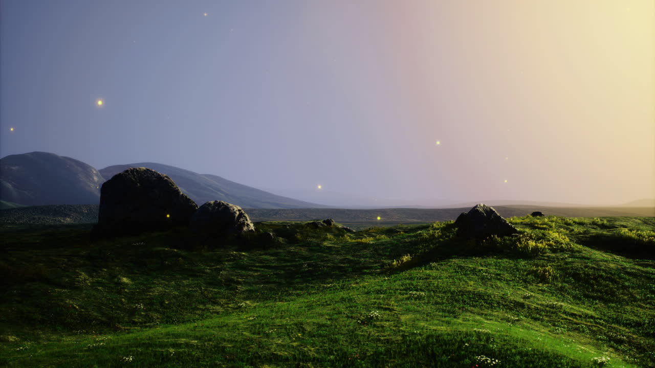 Landscape with gentle hills and distant mountains during twilight hours