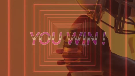 animation of you win text over american football player and neon squares