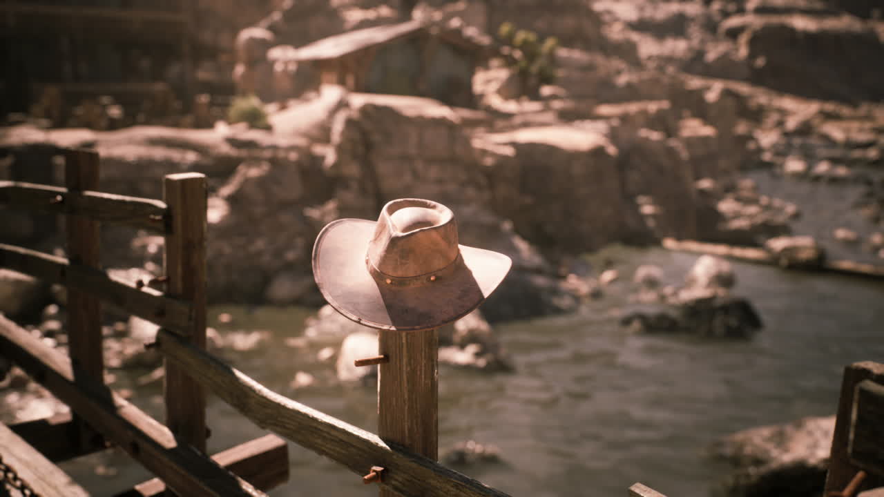 A lone cowboy hat resting on a post near a calm riverbank at sunset