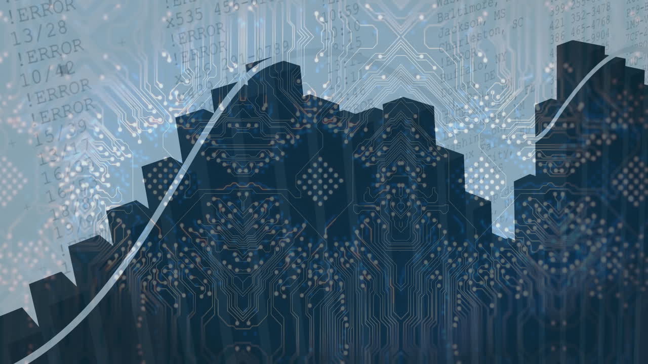 Overlaying animation of circuit board patterns on city skyline with upward graph