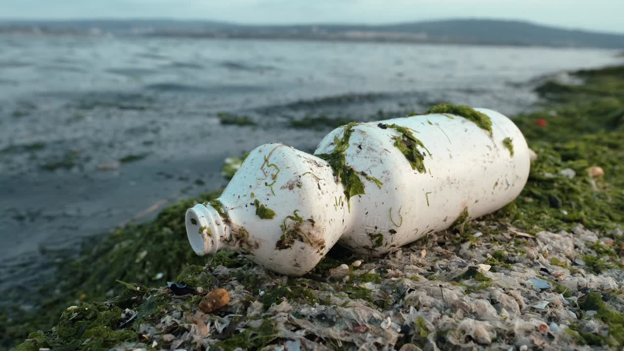 basura derramada en la playa de una gran ciudad. botella de plástico sucia usada vacía. mar sucio, costa arenosa del mar negro. contaminación ambiental. problema ecológico. bokeh de olas en movimiento en el fondo