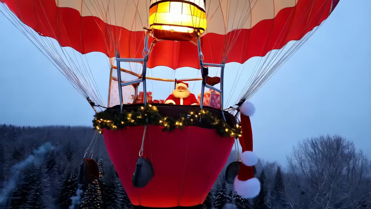 santa en un globo de aire caliente sobre un pueblo nevado