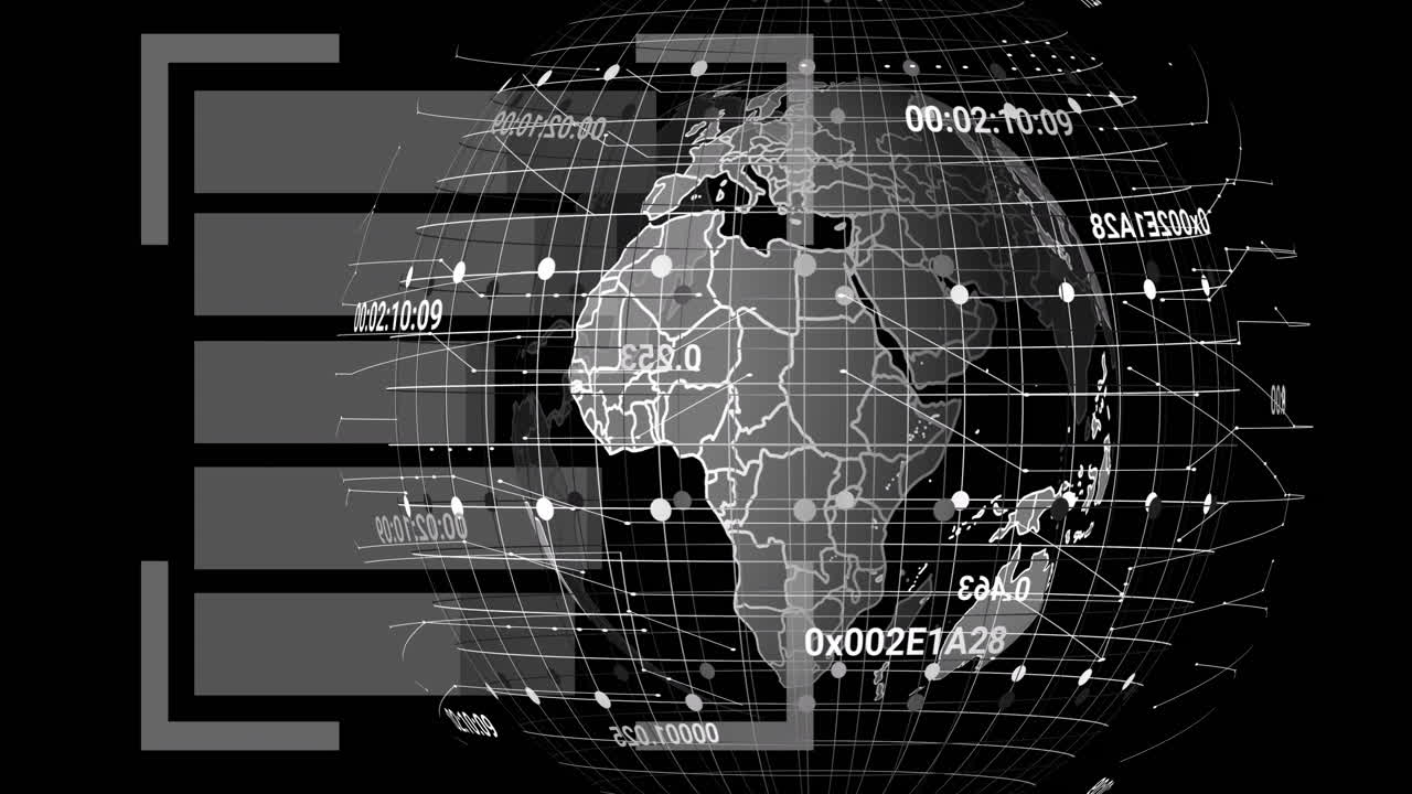 Animation of digital globe with data points showing global network connections