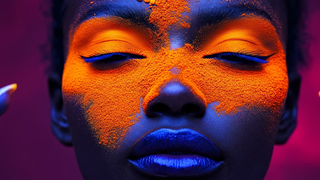 Conceptual portrait of face covered in vibrant orange powder. Close up of closed eyes with blue eyelashes and skin painted with bright orange pigment
