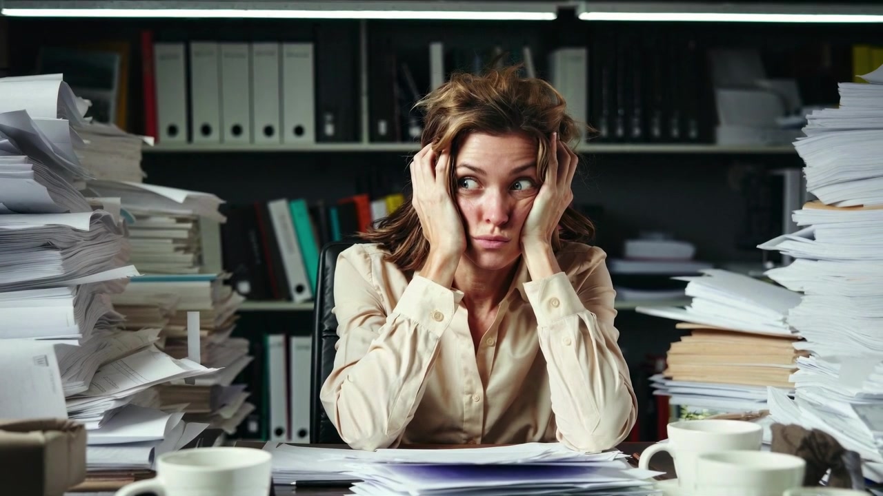 Frustrated Woman Overwhelmed by Excessive Paperwork at Office Desk