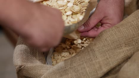 primer plano de un contenedor a granel de habas o habas que se recogen en una bolsa de papel en una tienda de comestibles