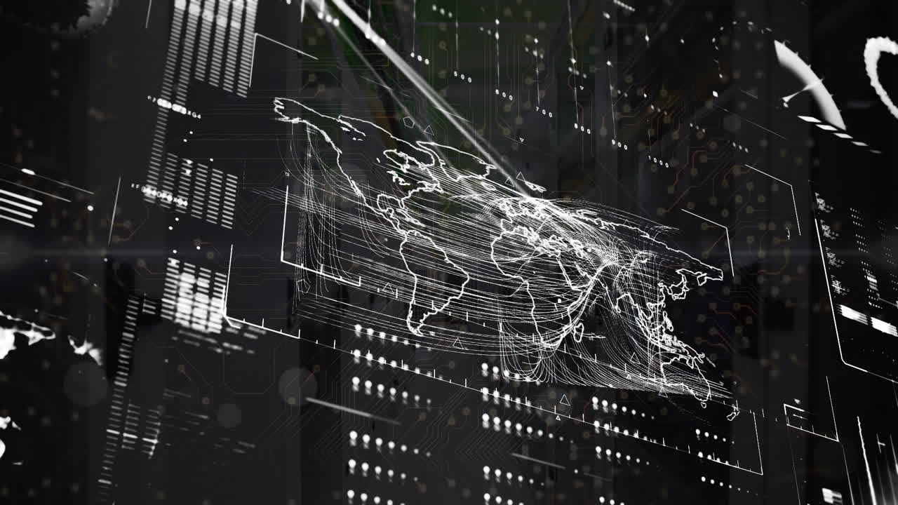 Animation of world map with hud processing on digital interface at data center