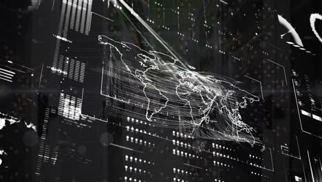 animación del mapa del mundo con procesamiento hud en la interfaz digital en el centro de datos